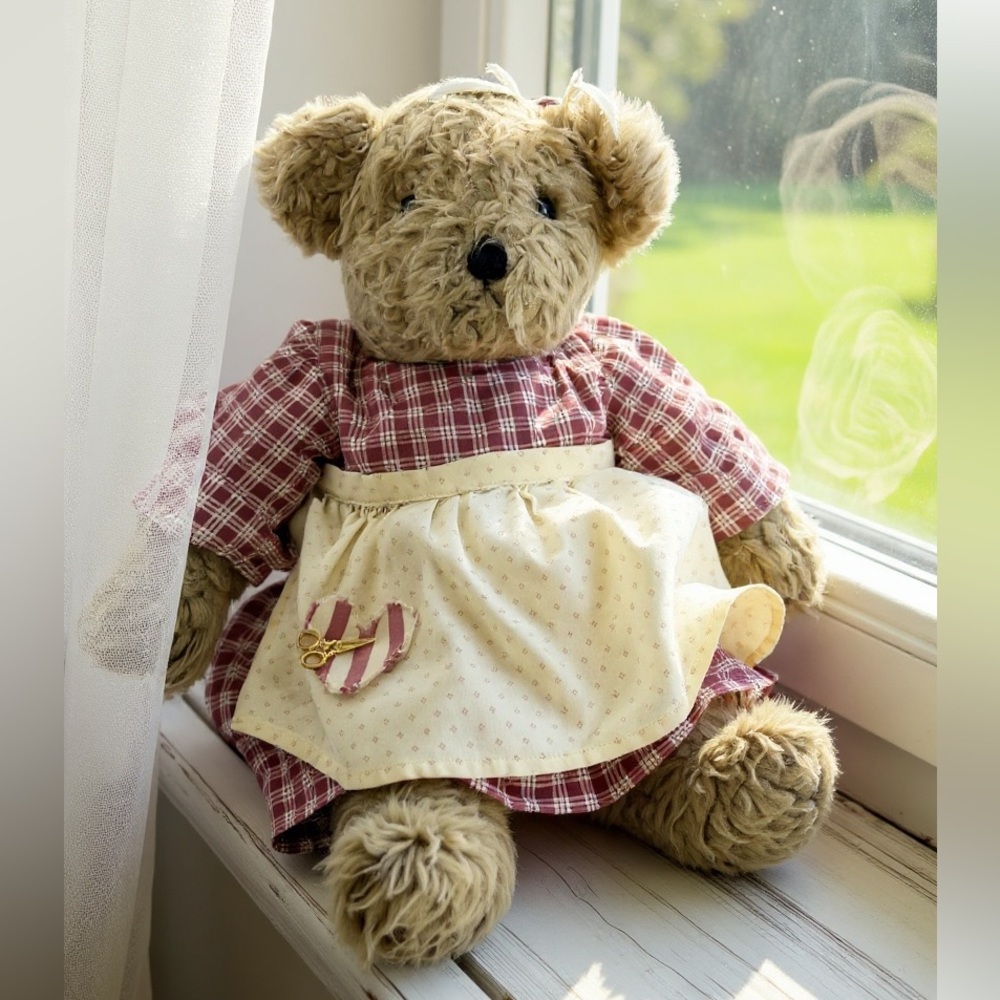 Plush Teddy Bear with Pink Plaid Seamstress Country Cottage Outfit